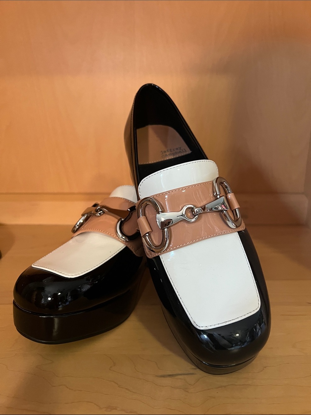 Jeffrey Campbell Black White and Beige Patent Horsebit Platform Loafers - Picture 1 of 9